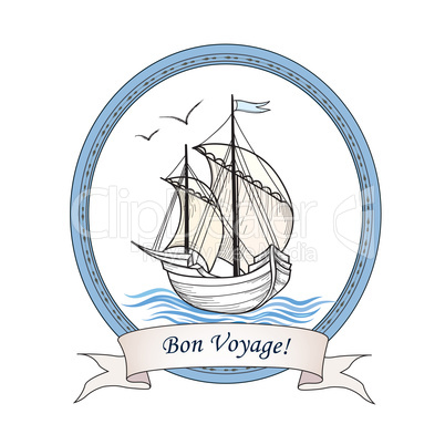 Sailing ship. Summer holiday Bon Voyage card. Sail boat transpor