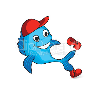Funny dolphin cartoon. Fish sign. Seafood logo