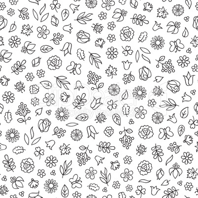 Flower icon seamless pattern. Floral leaves, flowers. White orna