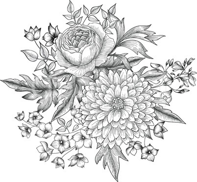 Flower bouquet. Floral sketch engraving background