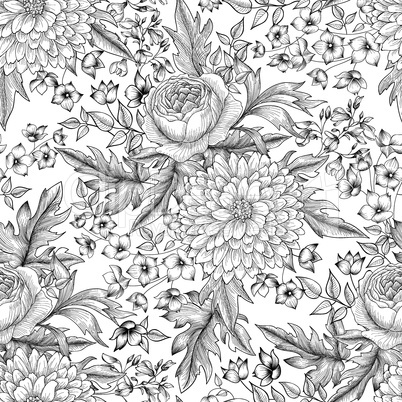 Flower bouquet seamless pattern. Floral sketch background. Engra