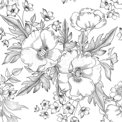 Floral seamless pattern. Summer Flower bouquet decor. Engraving