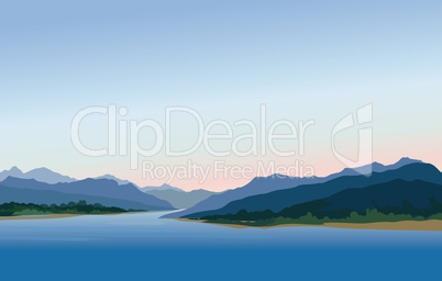 Mountain and hills landscape. Rural skyline. Lake view. Lagoon r