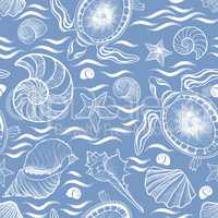 Marine lie seamless pattern. Seashell, turtle, mollusk, ocean wa