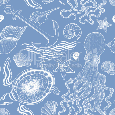Marine life seamless pattern. Seashell, turtle, octopus. Ocean