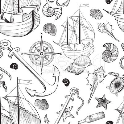 Marine life seamless pattern. Sailing ship, Seashell, anchor, co