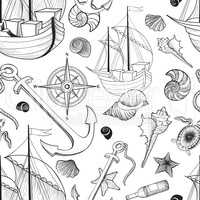 Marine life seamless pattern. Sailing ship, Seashell, anchor, co