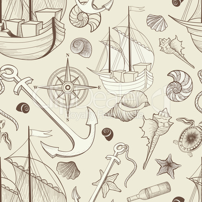 Marine life seamless pattern. Sailing ship, Seashell, anchor, co