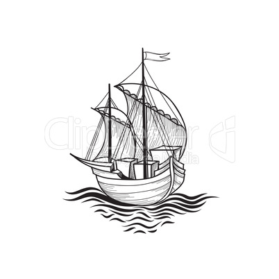 Sailing ship retro illustration. Ship transport cartoon. Marine