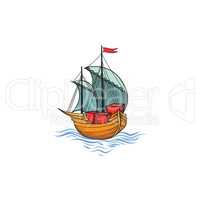 Sailing ship retro illustration. Ship transport cartoon. Marine