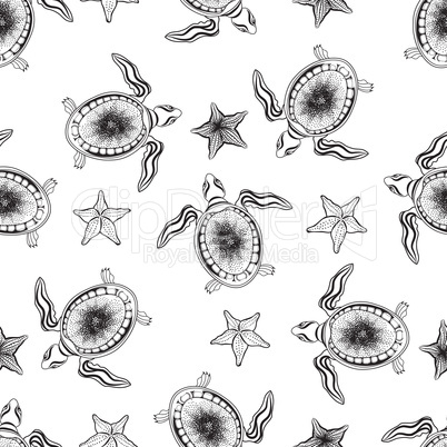 Turtle and starfish seamless pattern. Marine underwater backgrou