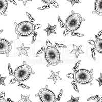 Turtle and starfish seamless pattern. Marine underwater backgrou