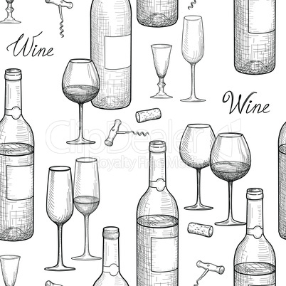 Drink wine seamless engrave pattern. Wine glass and bottle backg