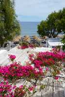 Building of hotel decorated with Bougainvillea flowers, Santorin