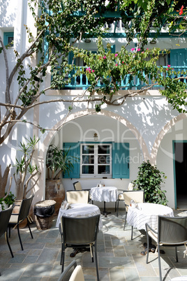 The outdoor restaurant in traditional Greek style, Santorini isl