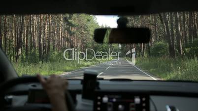 Woman driving empty country road through forest