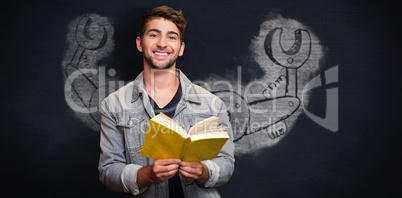 Composite image of student smiling at camera in library