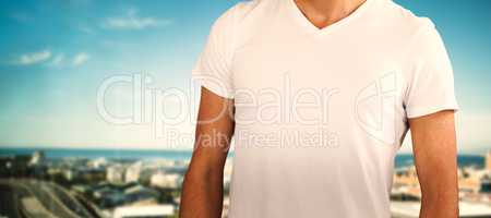 Composite image of midsection of model against white background
