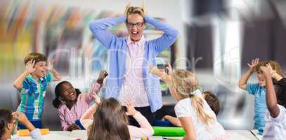 Composite image of frustrated teacher with naughty students