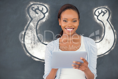 Composite image of hand flexing muscles over white background