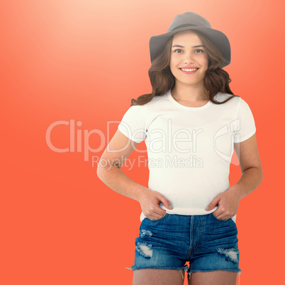 Composite image of portrait of beautiful fashion model showing top