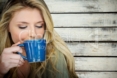 Composite image of portrait of beautiful blonde women drinking coffee