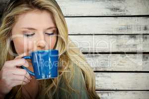 Composite image of portrait of beautiful blonde women drinking coffee