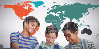 Composite image of boy with friends using digital tablet on bench