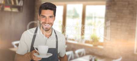 Composite image of waiter giving a cup of coffee