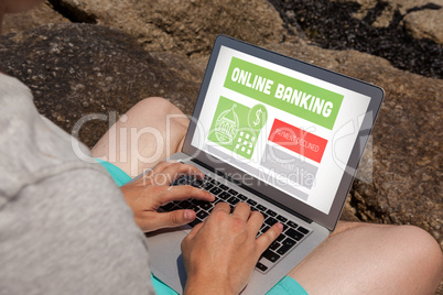 Composite image of online banking text on gray display