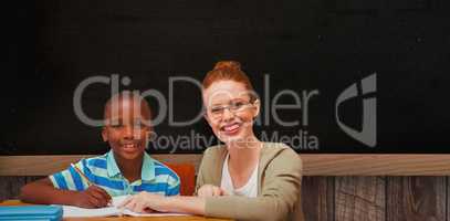 Composite image of happy pupil and teacher