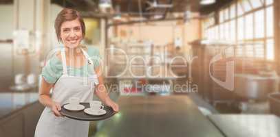 Composite image of waitress giving cup of coffee
