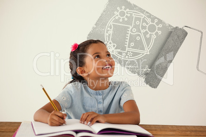 Composite image of graphic image of paint roller with beaker and flask