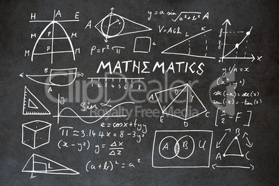 Composite image of mathematics text with geometric shapes