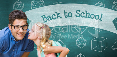 Composite image of girl whispering in teacher ear