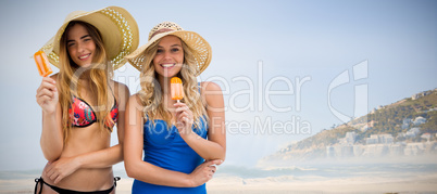 Composite image of two women eating ice cream