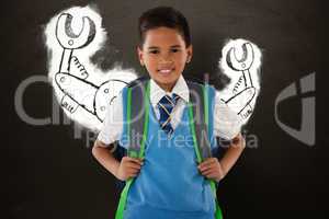 Composite image of portrait of schoolboy carrying schoolbag against white background