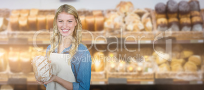 Composite image of young women showing bread