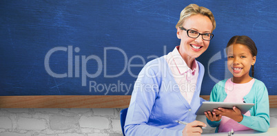 Composite image of portrait of student with teacher holding digital tablet