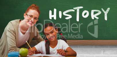 Composite image of happy pupil and teacher