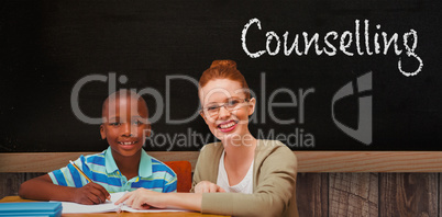 Composite image of happy pupil and teacher