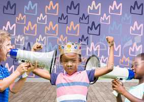 kids with crown with megaphones in blank room background with king crown graphics