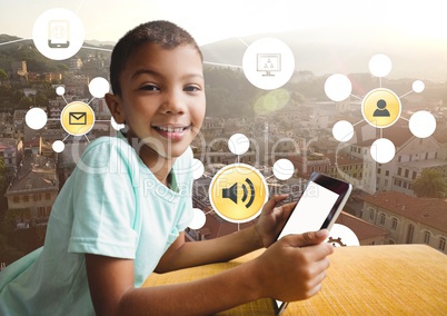 Boy Holding tablet and City with icons apps