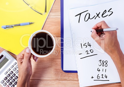 Taxes  text written on page with coffee and calculator