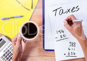 Taxes  text written on page with coffee and calculator