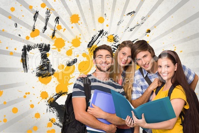 Happy young students holding folders against grey, yellow and black splattered background