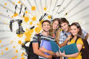 Happy young students holding folders against grey, yellow and black splattered background