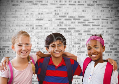 Kids friends together in front of brick wall