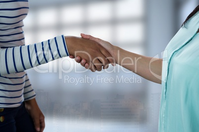 Business people shaking hands against blurred background