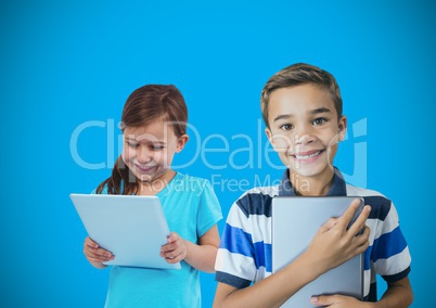 kids holding papers with blank blue background